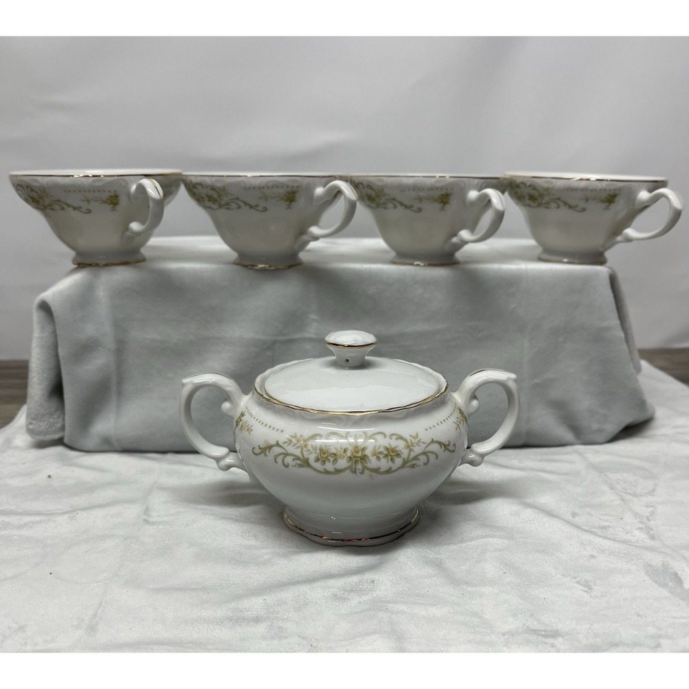 Vintage Norleans Rose Crest China Japan 4 Teacups & Lidded Sugar Bowl Gold